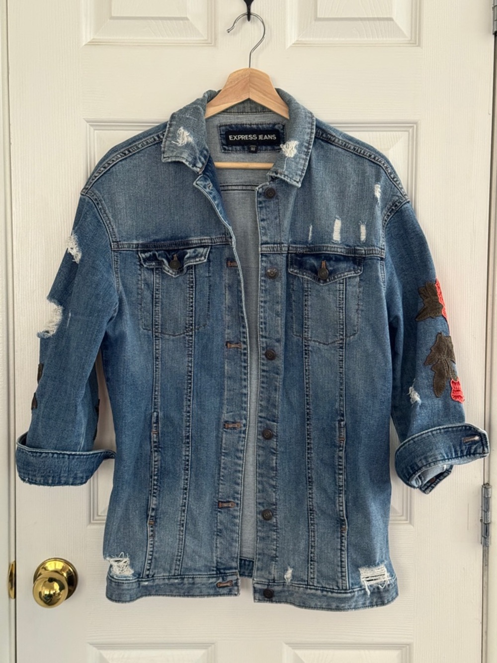 Express Distressed Blue Denim Jacket with Floral Sleeve Patch